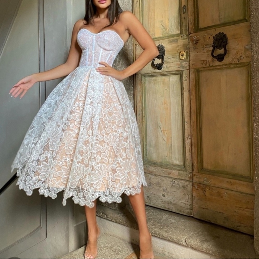 NADINE MERABI White Lace Corset Tea-Length Wedding Dress with Nude Lining